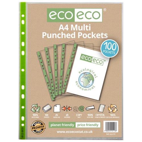 A4 100% Recycled 65 Micron Multi Punched Pockets - Pack of 100 by Infotone