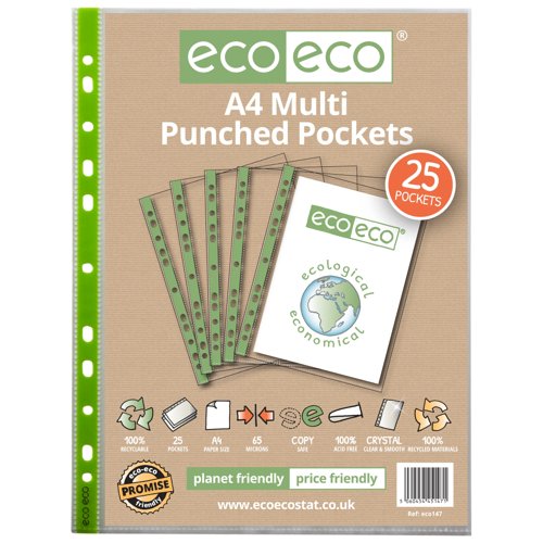A4 100% Recycled 65 Micron Multi Punched Pockets - Pack of 25 by Infotone
