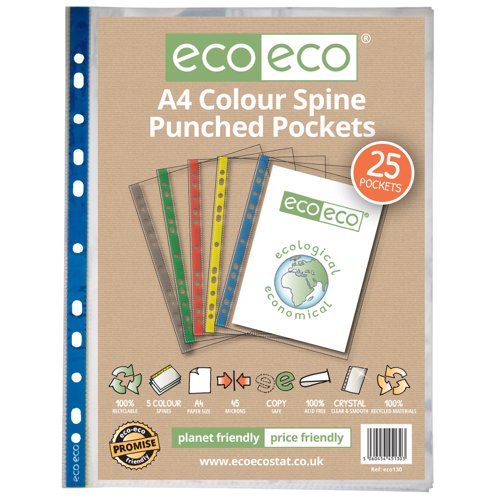 A4 100% Recycled Colour Spine Multi Punched Pockets - Pack of 25 by Infotone
