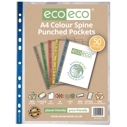 A4 100% Recycled Colour Spine Multi Punched Pockets - Pack of 50 by Infotone