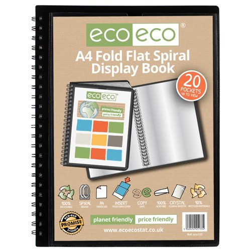 A4 50% Recycled Fold Flat Spiral Display Book with 20 pockets - Single by Infotone