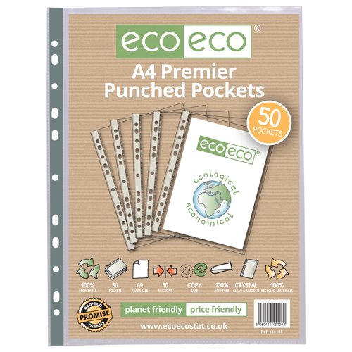 A4 100% Recycled Premier Multi Punched Pockets - Pack of 50 by Infotone