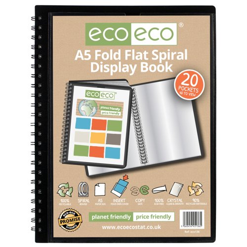 A5 50% Recycled Fold Flat Spiral Display Book with 20 pockets - Single by Infotone