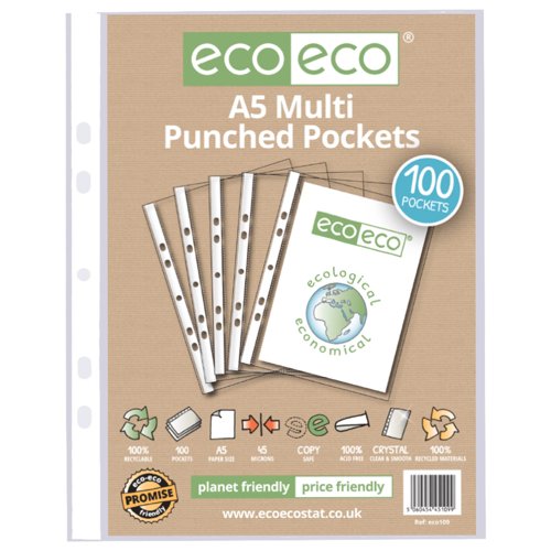 A5 100% Recycled Multi Punched Pockets - Pack of 100 by Infotone