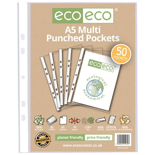 A5 100% Recycled Multi Punched Pockets - Pack of 50 by Infotone