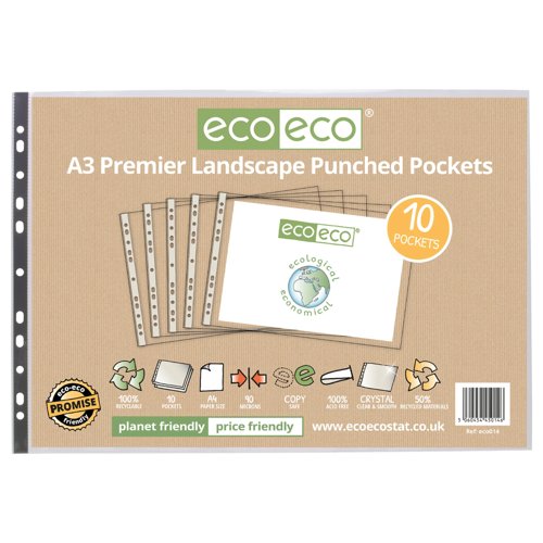 Eco Eco A3 100% Recycled Bag Multi Punched Pockets - Pack of 10 by Infotone