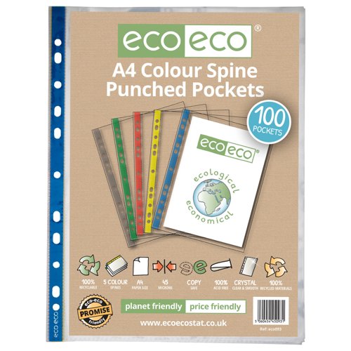Eco Eco A4 100% Recycled Bag Colour Spine Multi Punched Pockets - Pack of 100 by Infotone