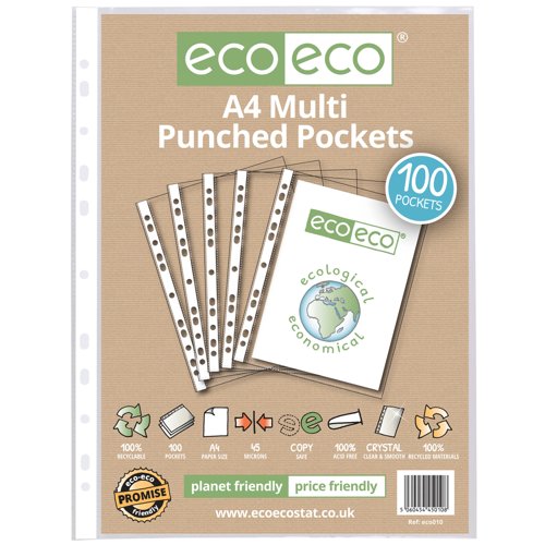 Eco Eco A4 100% Recycled Bag Multi Punched Pockets - Pack of 100 by Infotone