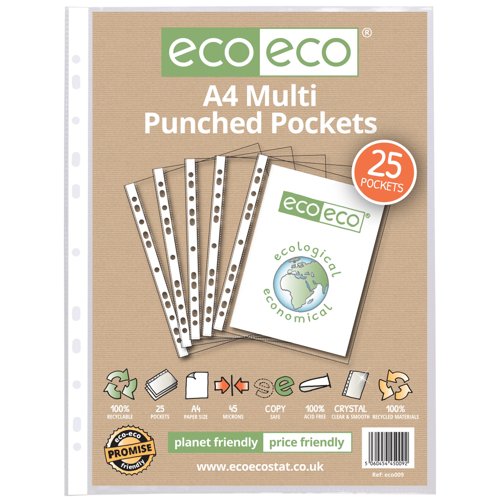 Eco Eco A4 100% Recycled Bag Multi Punched Pockets - Pack of 25 by Infotone