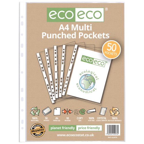 Eco Eco A4 100% Recycled Bag Multi Punched Pockets - Pack of 50 by Infotone