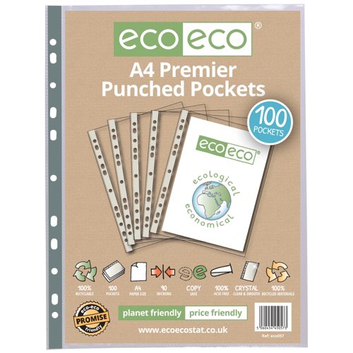 Eco Eco A4 100% Recycled Bag Premier Multi Punched Pockets - Pack of 100 by Infotone