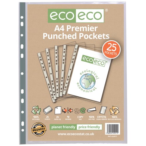 Eco Eco A4 100% Recycled Bag Premier Multi Punched Pockets - Pack of 25 by Infotone