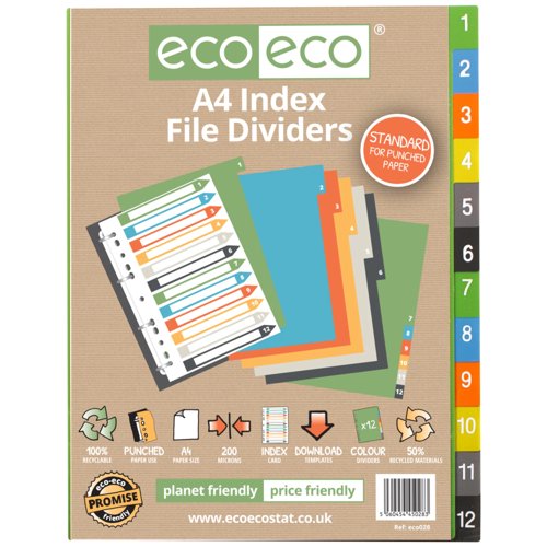 Eco Eco A4 50% Recycled Index File Dividers - 1 Set of 12 by Infotone