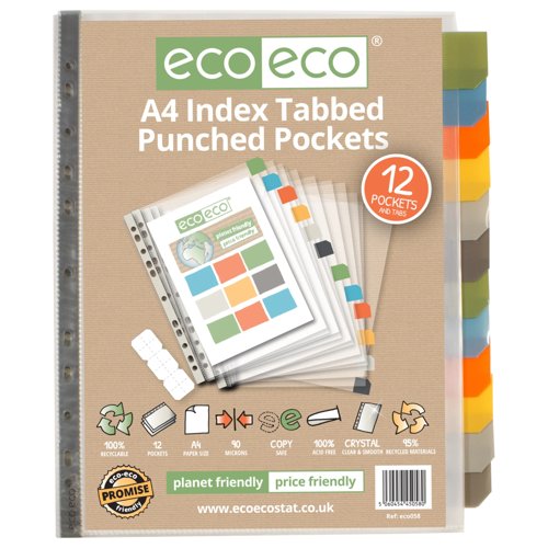 Eco Eco A4 95% Recycled Index Tabbed Premier Punched Pockets - 1 Set of 12 by Infotone