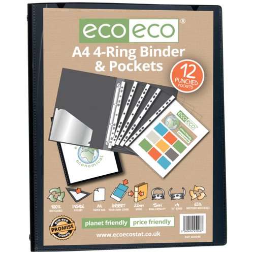Eco Eco A4 65% Recycled Ring Binder with 12 Multi Punched Pockets - Single by Infotone
