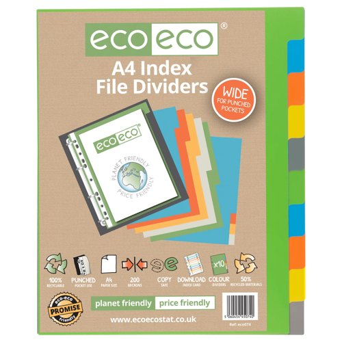 Eco Eco A4 50% Recycled Wide Index File Dividers - 1 Set of 10 by Infotone