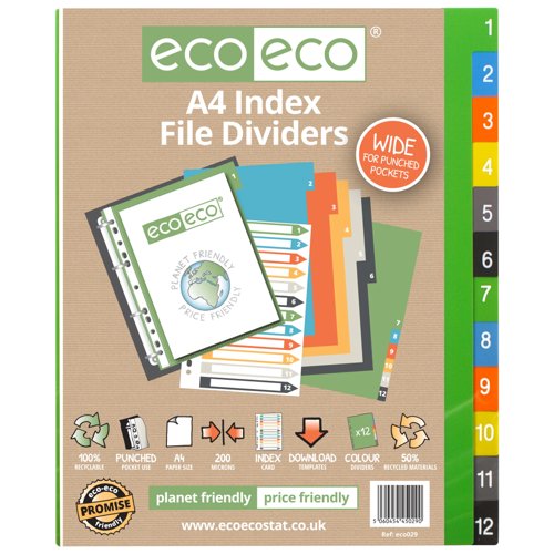 Eco Eco A4 50% Recycled Wide Index File Dividers - 1 Set of 12 by Infotone