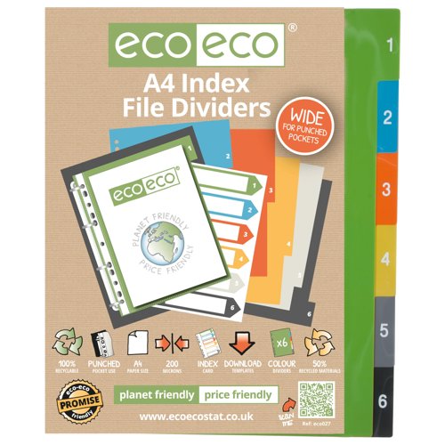 Eco Eco A4 50% Recycled Wide Index File Dividers - 1 Set of 6 by Infotone