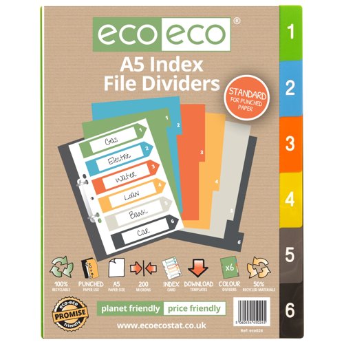 Eco Eco A5 50% Recycled Index File Dividers - 1 Set of 6 by Infotone