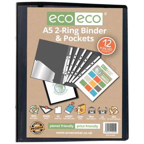 Eco Eco A5 65% Recycled Ring Binder with 12 Multi Punched Pockets - Single by Infotone