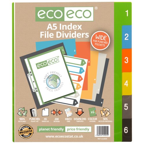 Eco Eco A5 50% Recycled Wide Index File Dividers - 1 Set of 6 by Infotone