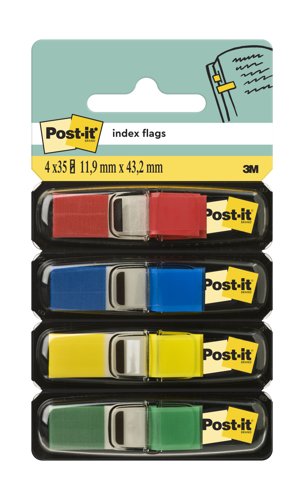 Post-it Index Flags, Small, Yellow, Red, Blue and Green, 11.9 mm x 43.2 mm, 35 Flags/Dispenser, 4 Dispensers/Pack by Infotone