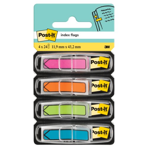 Post-it Index Arrow Flags, Blue, Orange, Pink and Green, 11.9 mm x 43.2 mm, 24 Flags/Dispenser, 4 Dispensers/Pack by Infotone