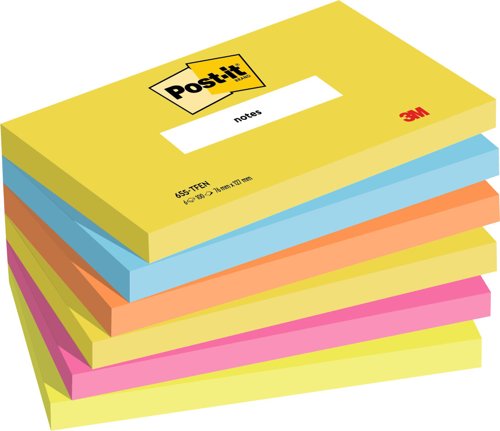 Post-it Notes, Energetic Colour Collection, 76 mm x 127 mm, 100 Sheets/Pad, 6 Pads/Pack, 100% PEFC SGSCH-PEFC-COC-110078 by Infotone