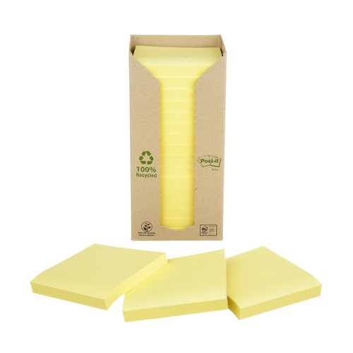 Post-it Recycled Notes, Canary Yellow, 76 mm x 76 mm, 100 Sheets/Pad, 16 Pads/Pack, 100% PEFC Recycled SGSCH-PEFC-COC-110078 by Infotone
