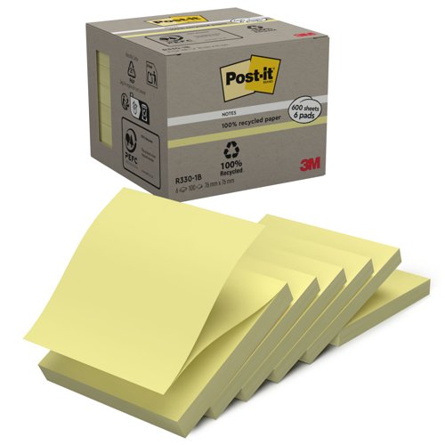 Post-it Recycled Z-Notes, Canary Yellow, 76 mm x 76 mm, 100 Sheets/Pad, 6 Pads/Pack, 100% PEFC Recycled SGSCH-PEFC-COC-110078 by Infotone
