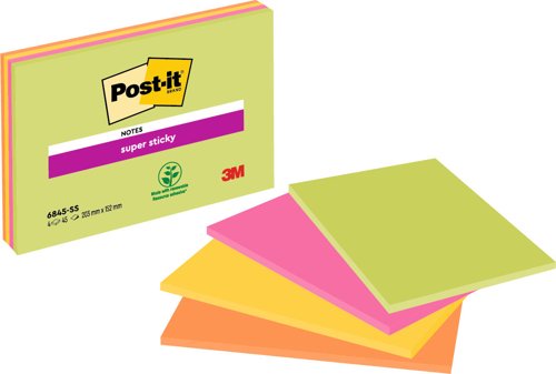 Post-it Super Sticky Meeting Notes, Assorted Neon Colours, 203 mm x 152 mm, 45 Sheets/Pad, 4 Pads/Pack, 100% PEFC SGSCH-PEFC-COC-110078 by Infotone