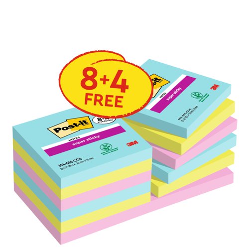 Post-it Super Sticky Notes 654-SSCOS-P8+4, Cosmic Colour Collection, 76 mm x 76 mm, Promo Pack, 90 Sheets/Pad, 8 + 4 FREE Pads/Pack, 100% PEFC SGSCH by Infotone