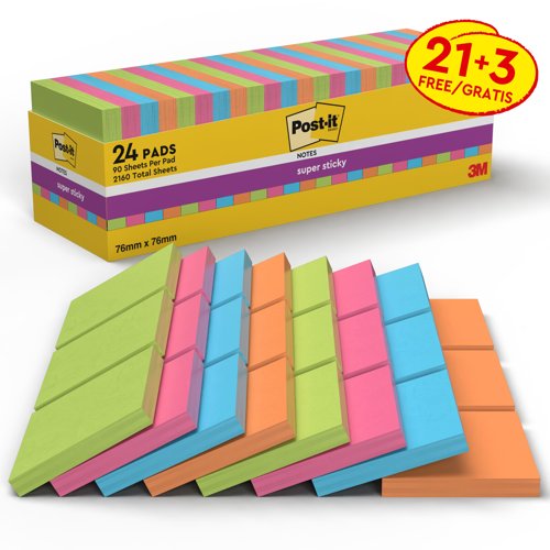 Post-it Super Sticky Notes, Assorted Colours, 76 mm x 76 mm, Promo Pack, 90 Sheets/Pad, 21 + 3 FREE Pads/Pack, 100% PEFC SGSCH-PEFC-COC-110078 by Infotone