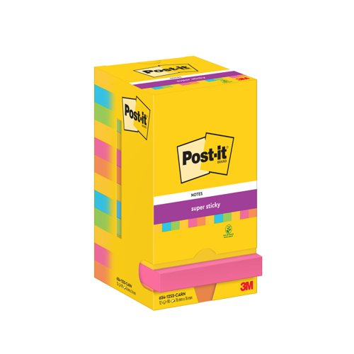 Post-it Super Sticky Notes, Carnival Colour Collection, 76 mm x 76 mm, 90 Sheets/Pad, 12 Pads/Pack, Cardboard Pack, 100% PEFC SGSCH-PEFC-COC-110078 by Infotone