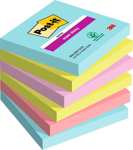 Post-it Super Sticky Notes, Cosmic Colour Collection, 76 mm x 76 mm, 90 Sheets/Pad, 6 Pads/Pack, 100% PEFC SGSCH-PEFC-COC-110078 by Infotone