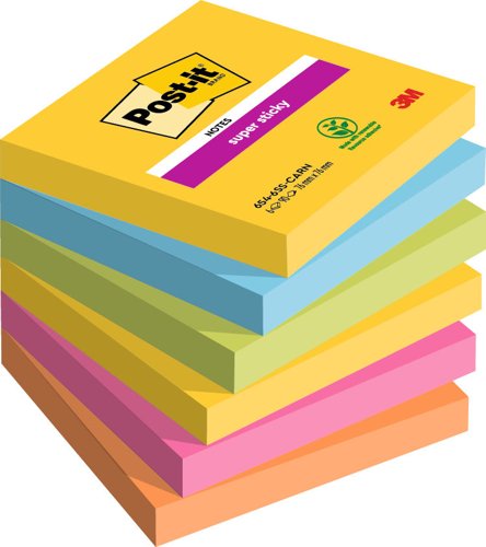 Post-it Super Sticky Notes, Carnival Colour Collection, 76 mm x 76 mm, 90 Sheets/Pad, 6 Pads/Pack, 100% PEFC SGSCH-PEFC-COC-110078 by Infotone
