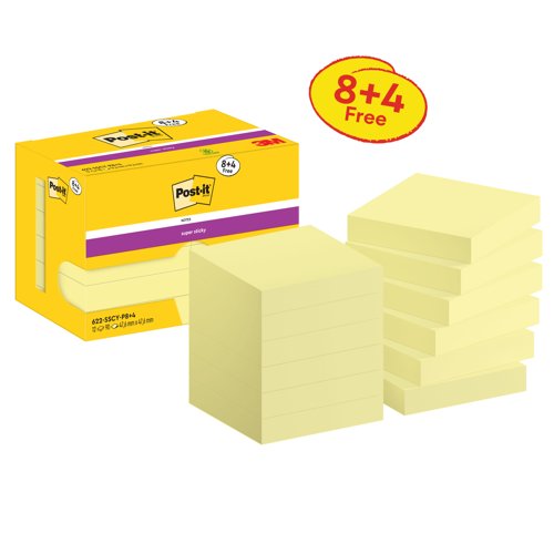 Post-it Super Sticky Notes, Canary Yellow, 47.6 mm x 47.6 mm, Promo Pack, 90 Sheets/Pad, 8 + 4 FREE Pads/Pack, Cardboard Pack, 100% PEFC SGSCH-PEFC-C by Infotone