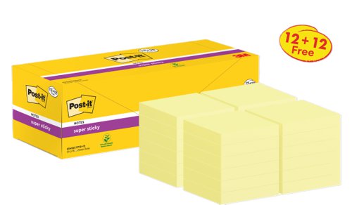 Post-it Super Sticky Notes, Canary Yellow, 76 mm x 76 mm, Promo Pack, 90 Sheets/Pad, 12 + 12 FREE Pads/Pack, Cardboard Pack, 100% PEFC SGSCH-PEFC-COC by Infotone