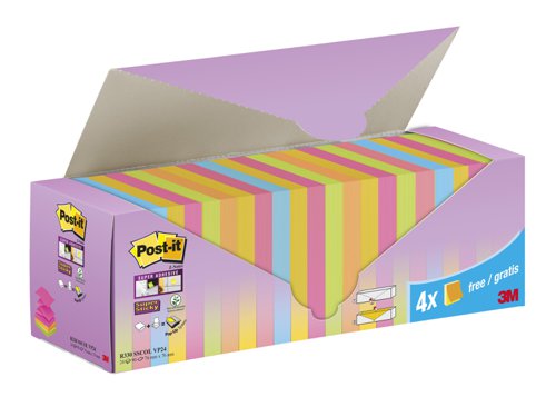 Post-it Super Sticky Z-Notes, Assorted Colours, 76 mm x 76 mm, Promo Pack, 90 Sheets/Pad, 20 + 4 FREE Pads/Pack, Cardboard Pack, 100% PEFC SGSCH-PEFC by Infotone