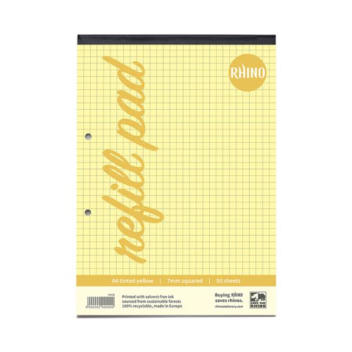 RHINO A4 Yellow Paper Refill Pad 100 Page 7mm Squared (Pack of 6) by Infotone