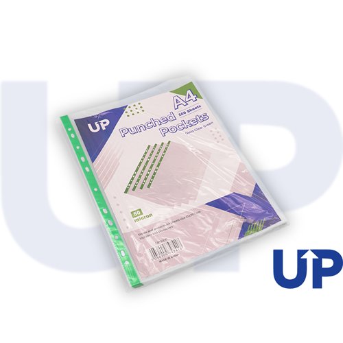UP Punched Pockets A4 50 micron Glass Clear Green Strip (100) by Infotone