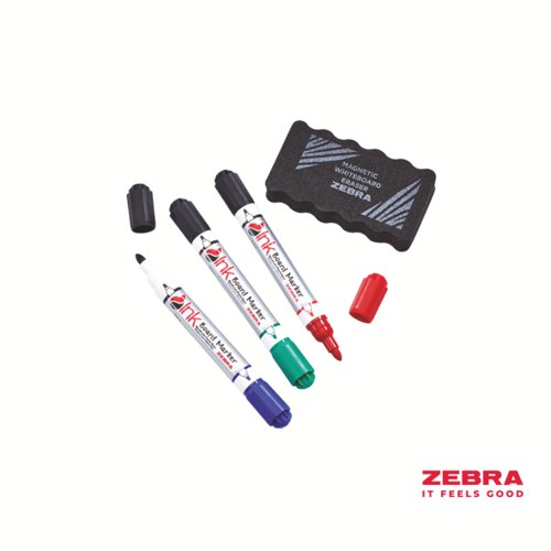 Zebra Whiteboard Marker Bullet Double Ended Pack of 3 with 1 Eraser by Infotone