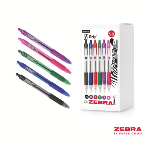 Zebra Z-Grip Retractable Ballpoint Pen Assorted Ink Pack of 50 by Infotone