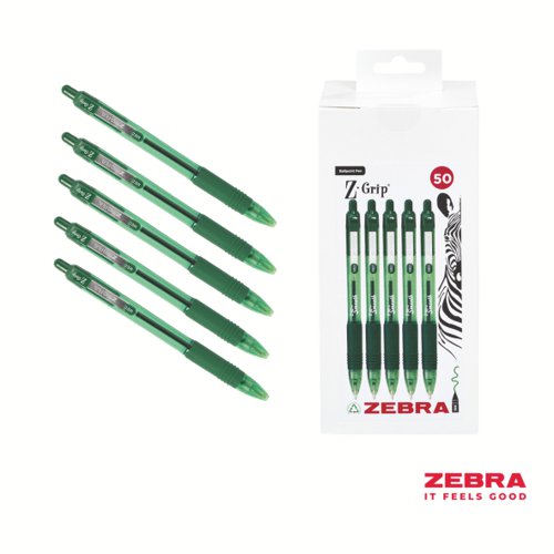 Zebra Z-Grip Smooth Retractable Ballpoint Pen Green Ink - Pack of 50 by Infotone